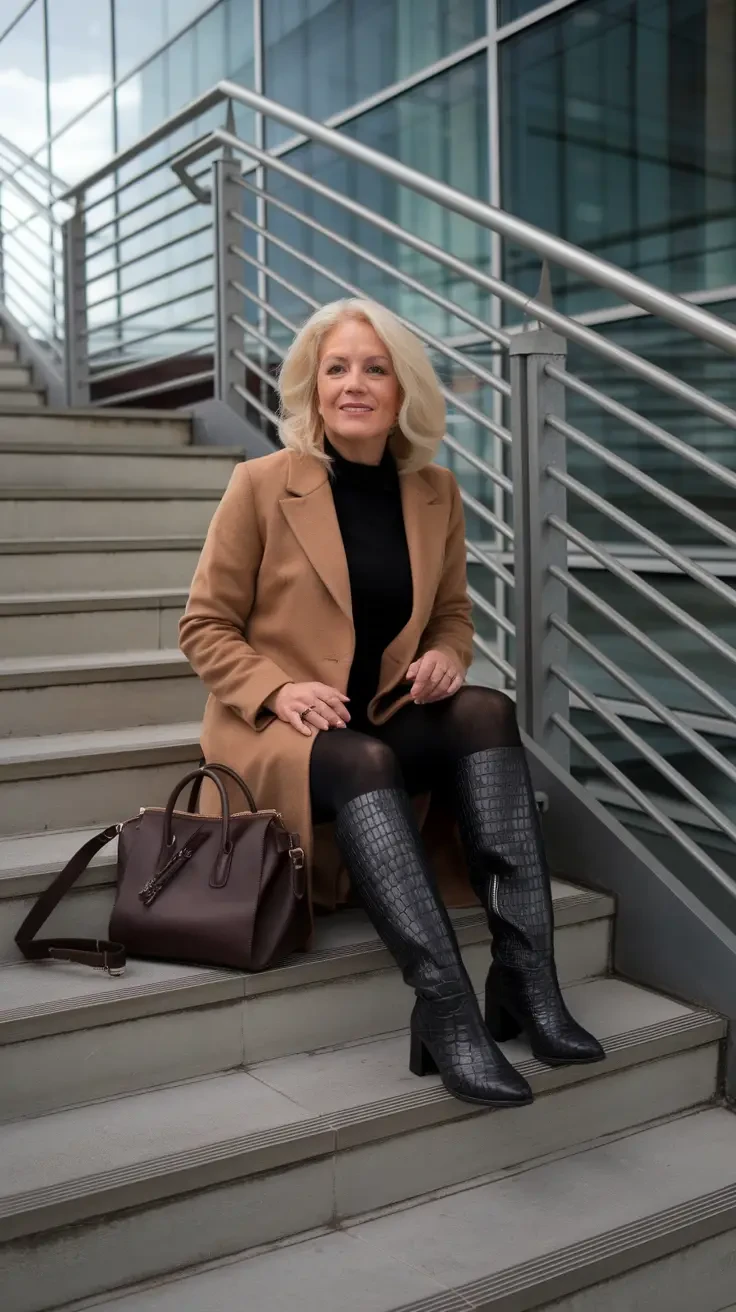Camel Wool Coat with a Black Dress and Black Boots for an Edgy Office Day