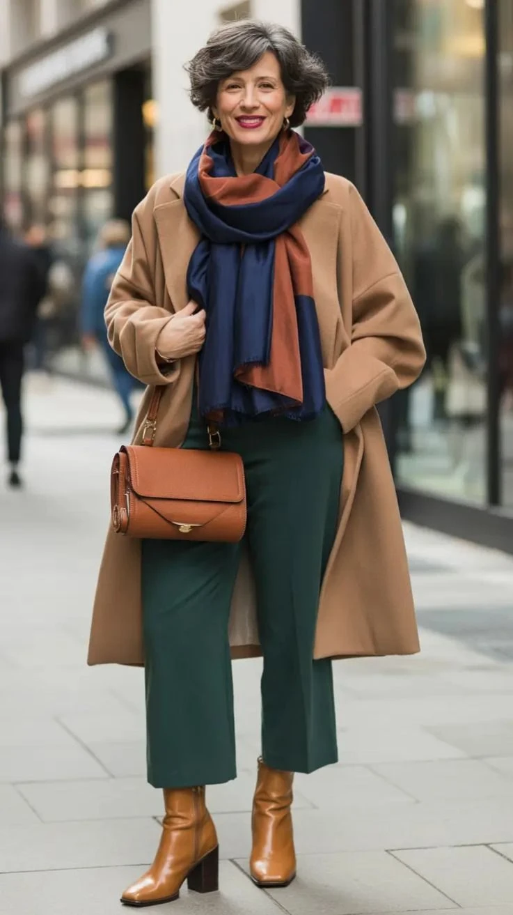 Camel Wool Coat with Forest Green Trousers and Brown Boots for a Winter Office Walk
