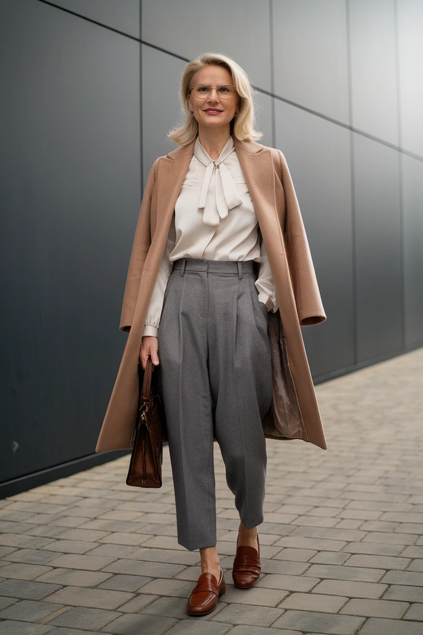 Camel Wool Coat with a White Blouse and Grey Trousers and Brown Loafers for a Soft Office Day