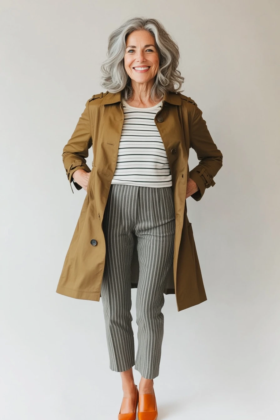 Camel Wool Coat with Striped Trousers and Orange Shoes for a Busy Office Day