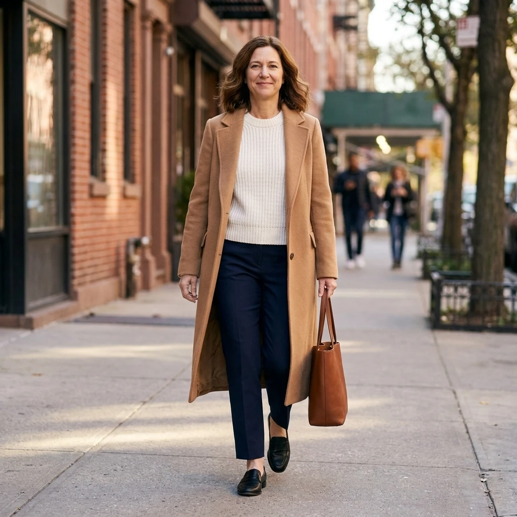 Camel Wool Coat with a White Top and Navy Trousers and Brown Shoes for a Classic Office Day