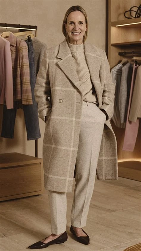 Beige Checked Wool Coat with Beige Trousers and Black Flats for a Patterned Office Day