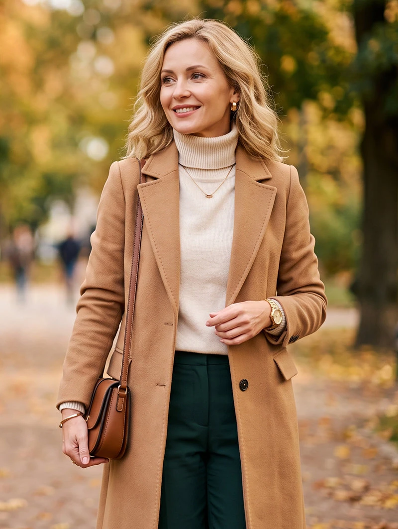 Camel Wool Coat with Green Trousers and Brown Shoes for a Jewel-Toned Office Day