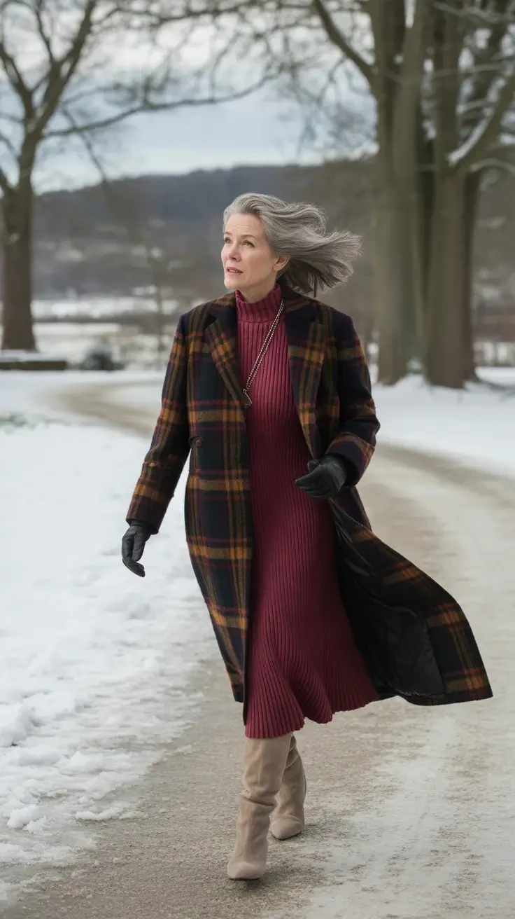 22 Checked Wool Coat Outfits for Women Over 40 for Winter Travel That Are Smart, Warm and Effortless 3 Checked Wool Coat with a Burgundy Dress and Beige Boots for a Weekend Train Trip