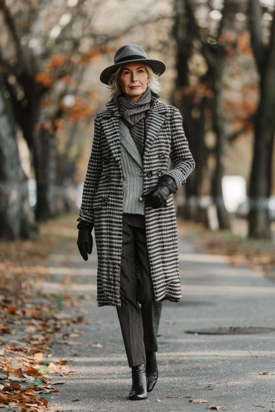 22 Checked Wool Coat Outfits for Women Over 40 for Winter Travel That Are Smart, Warm and Effortless 6 Checked Wool Coat with Grey Trousers and Black Boots for a Relaxed Travel Day