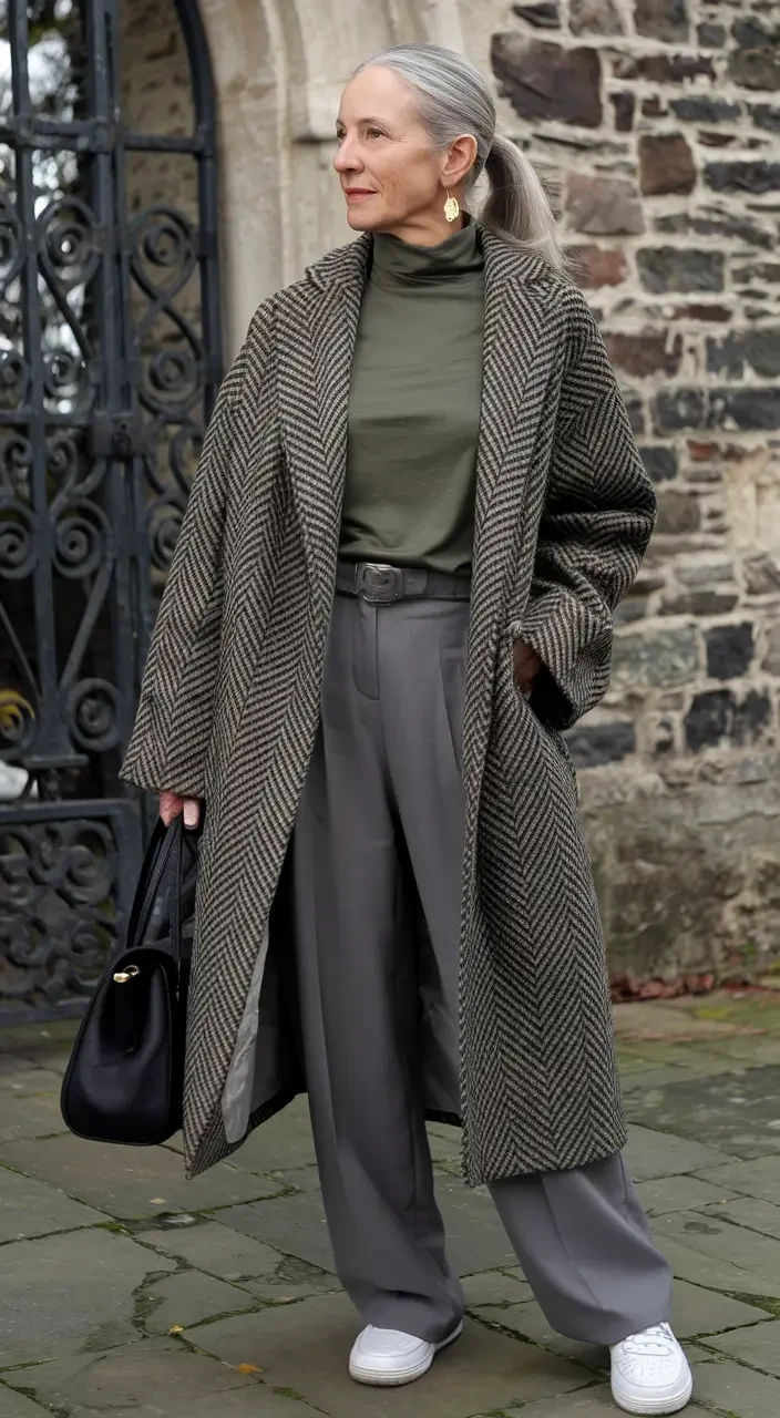 22 Checked Wool Coat Outfits for Women Over 40 for Winter Travel That Are Smart, Warm and Effortless 8 Checked Wool Coat with Grey Wide-Leg Trousers and White Shoes for a Countryside Trip