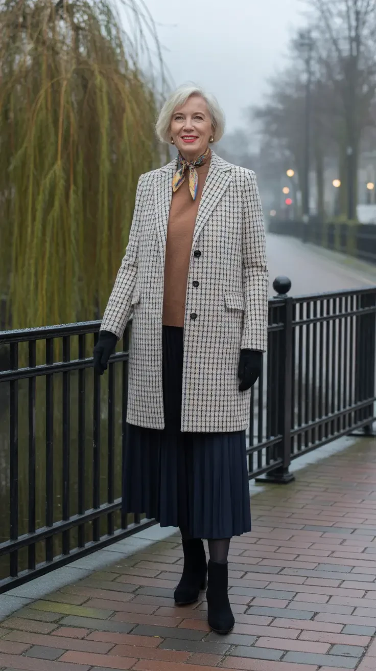 22 Checked Wool Coat Outfits for Women Over 40 for Winter Travel That Are Smart, Warm and Effortless 10 Checked Wool Coat with a Navy Pleated Skirt and Black Boots for a Shopping City Trip