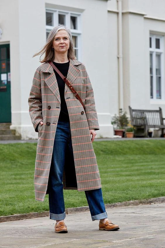 22 Checked Wool Coat Outfits for Women Over 40 for Winter Travel That Are Smart, Warm and Effortless 14 Checked Wool Coat with Blue Jeans and Brown Shoes for a Casual Travel Day