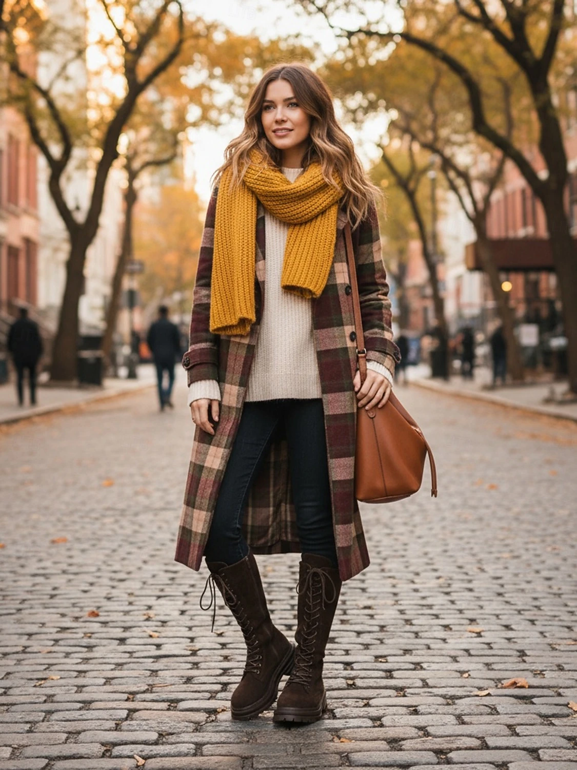 22 Checked Wool Coat Outfits for Women Over 40 for Winter Travel That Are Smart, Warm and Effortless 16 Checked Wool Coat with Black Trousers and Brown Boots for a Cheerful Winter Trip