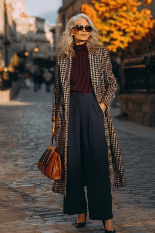 22 Checked Wool Coat Outfits for Women Over 40 for Winter Travel That Are Smart, Warm and Effortless 19 Checked Wool Coat with Navy Wide-Leg Trousers and Brown Shoes for a Smart City Trip