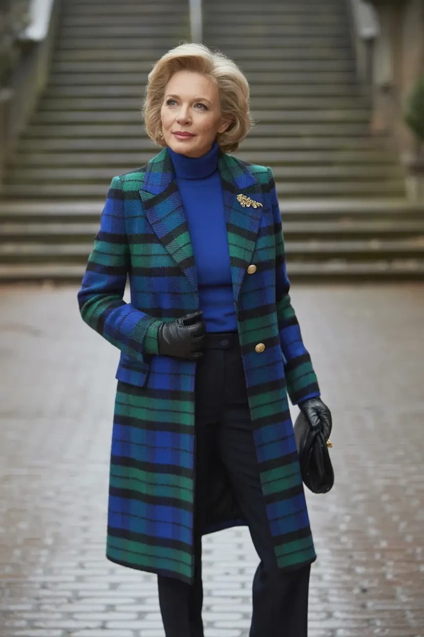 22 Checked Wool Coat Outfits for Women Over 40 for Winter Travel That Are Smart, Warm and Effortless 21 Checked Wool Coat with Black Trousers and Black Shoes for a Winter Gallery Trip
