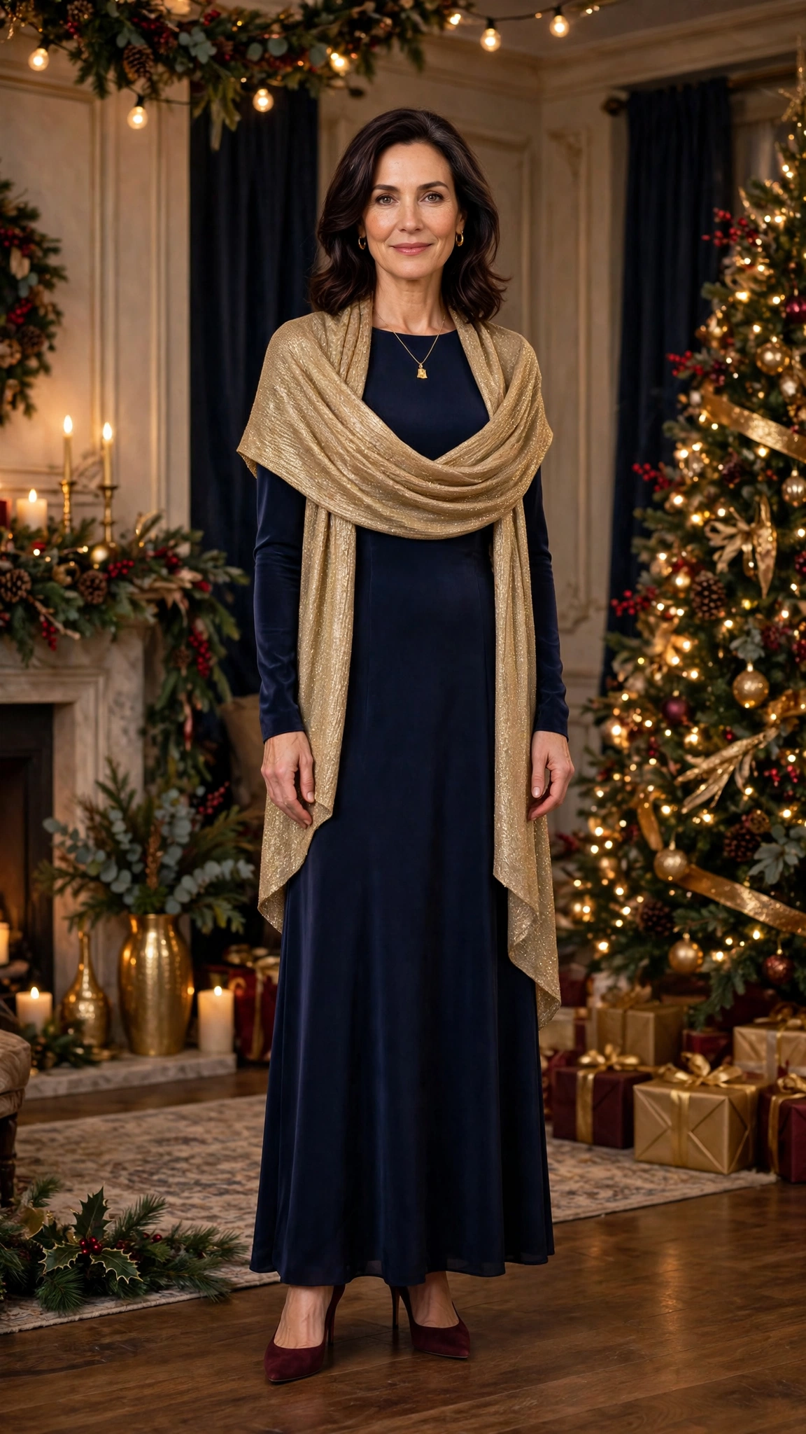28 Women Over 40 Christmas Party Dress Outfits with Long Sleeves That Are Chic, Warm and Elegant 2 Navy Long-sleeve Party Dress with a Gold Shawl and Burgundy Heels