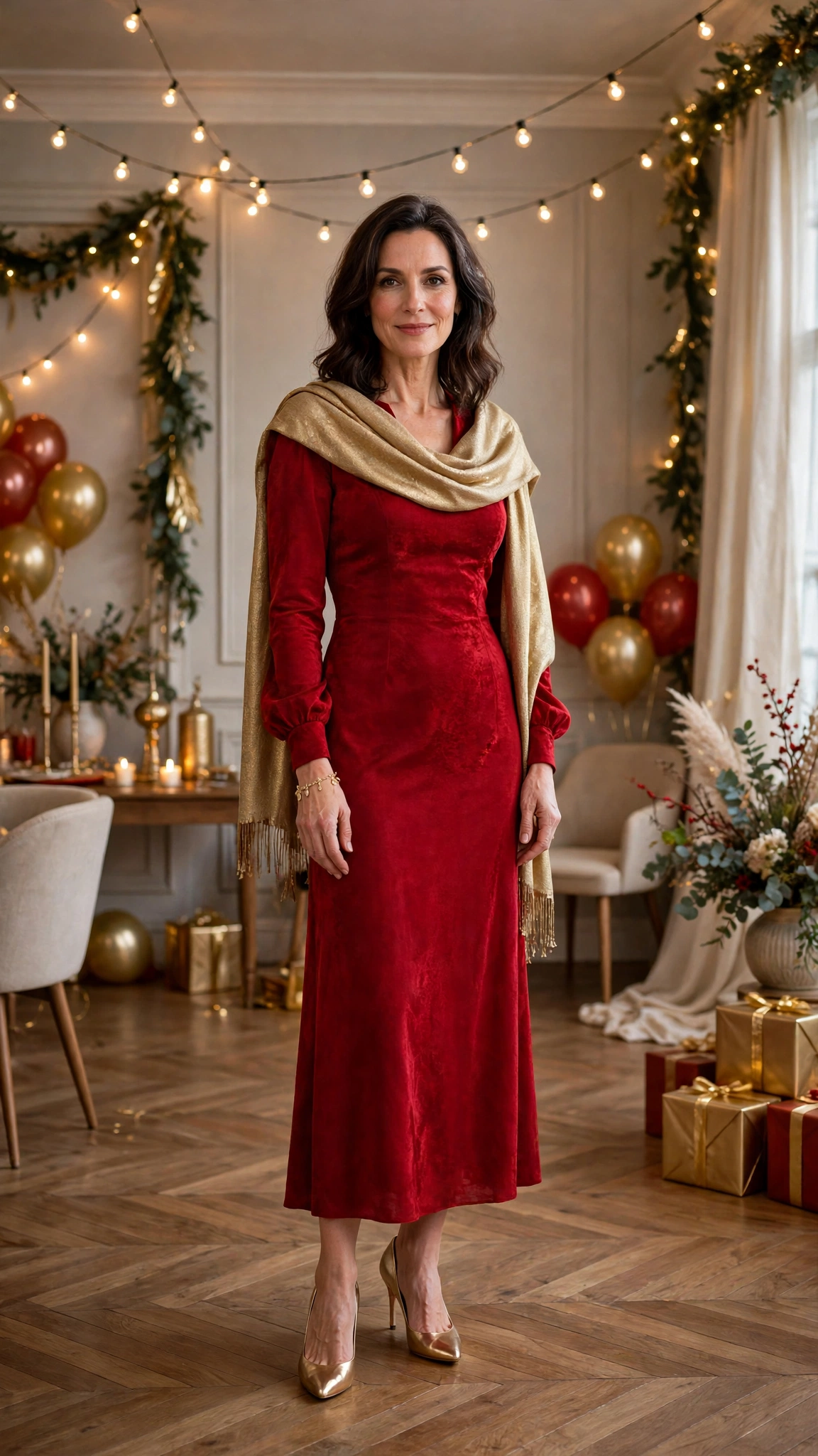 28 Women Over 40 Christmas Party Dress Outfits with Long Sleeves That Are Chic, Warm and Elegant 3 Red Long-sleeve Party Dress with a Gold Shawl and Gold Pumps