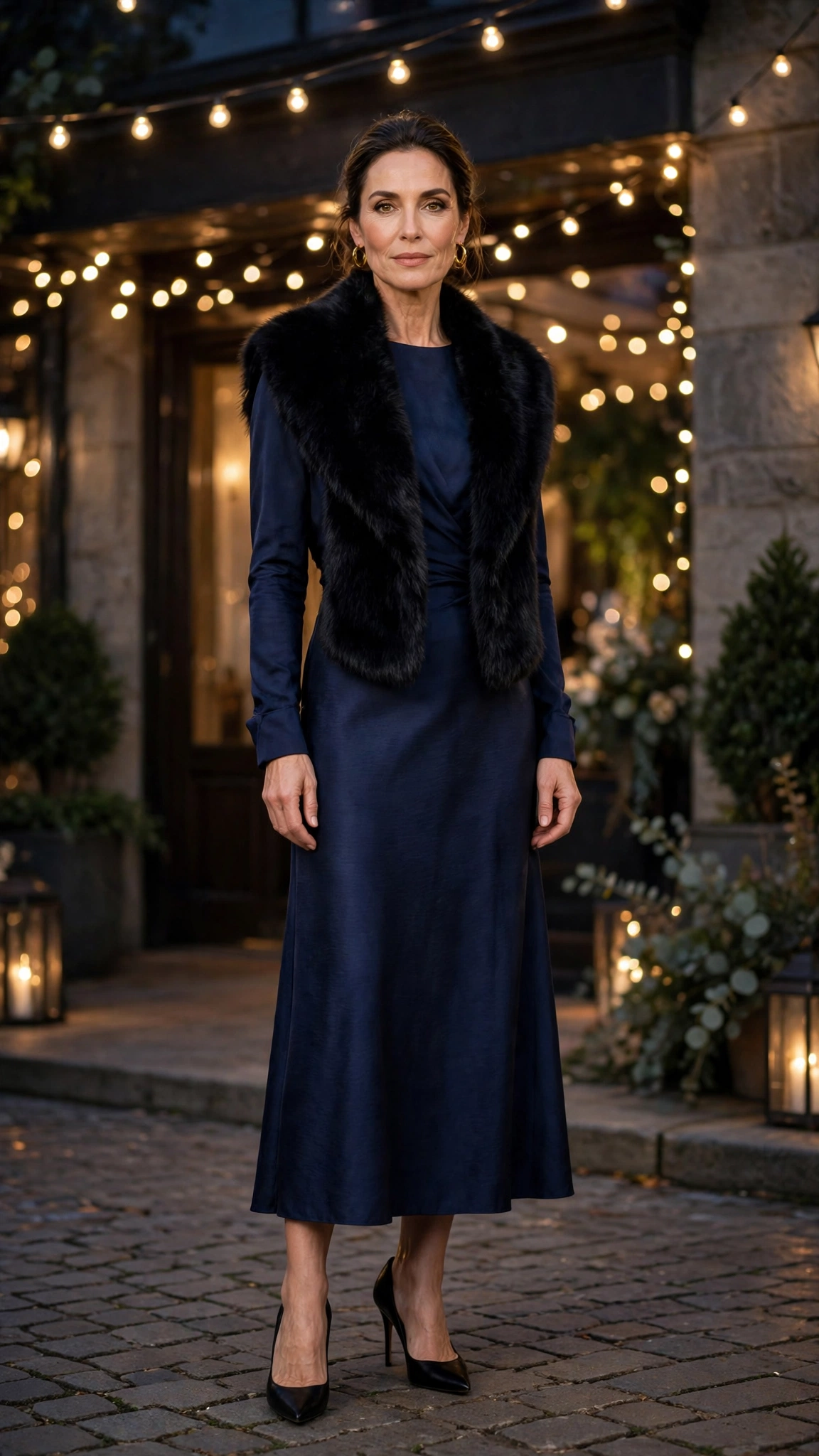 28 Women Over 40 Christmas Party Dress Outfits with Long Sleeves That Are Chic, Warm and Elegant 6 Navy Long-sleeve Party Dress with a Black Faux-fur Stole and Black Pointed Heels