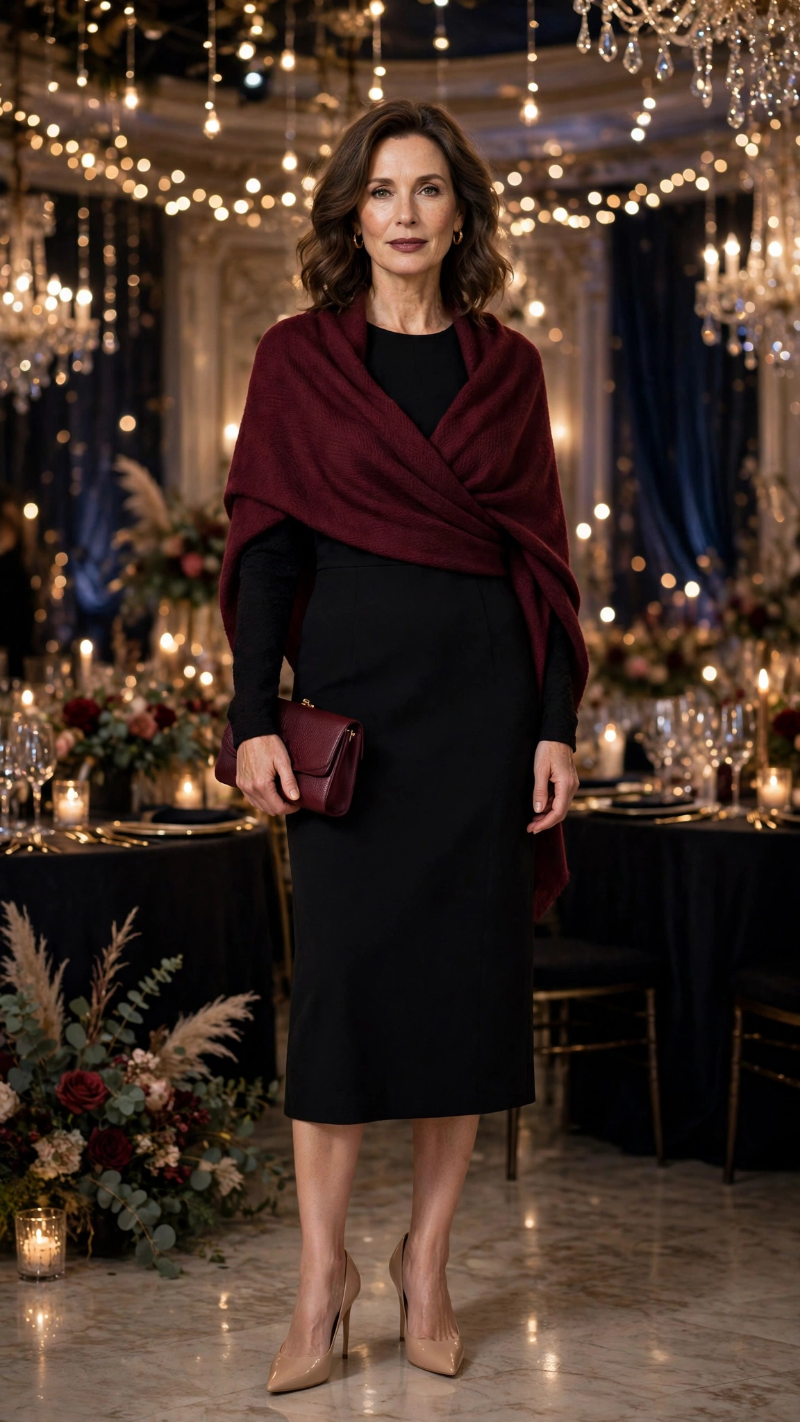 28 Women Over 40 Christmas Party Dress Outfits with Long Sleeves That Are Chic, Warm and Elegant 10 Black Long-sleeve Midi Dress with a Burgundy Wrap and Nude Heels