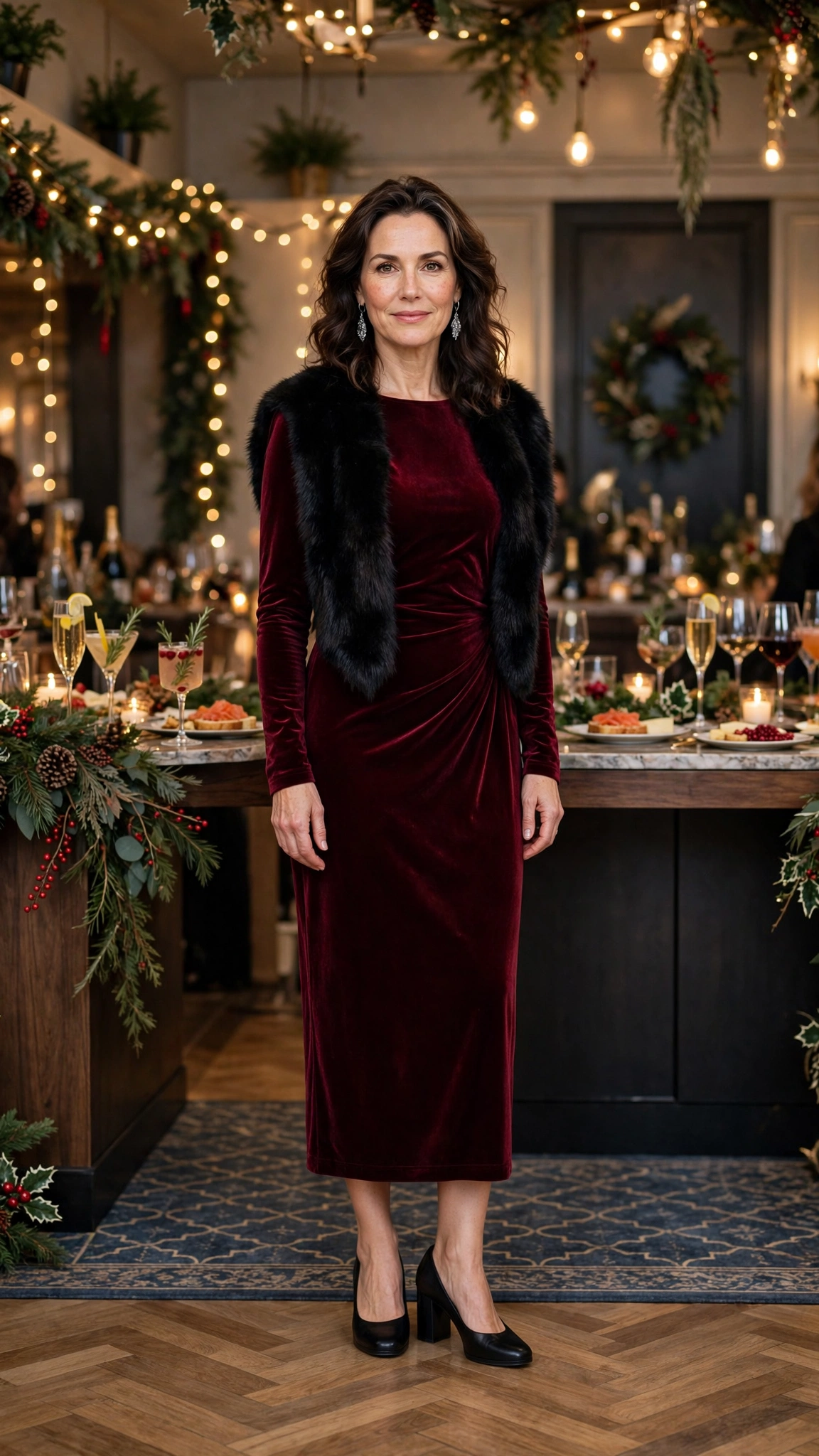 28 Women Over 40 Christmas Party Dress Outfits with Long Sleeves That Are Chic, Warm and Elegant 14 Burgundy Long-sleeve Dress with a Black Faux-fur Stole and Black Block Heels