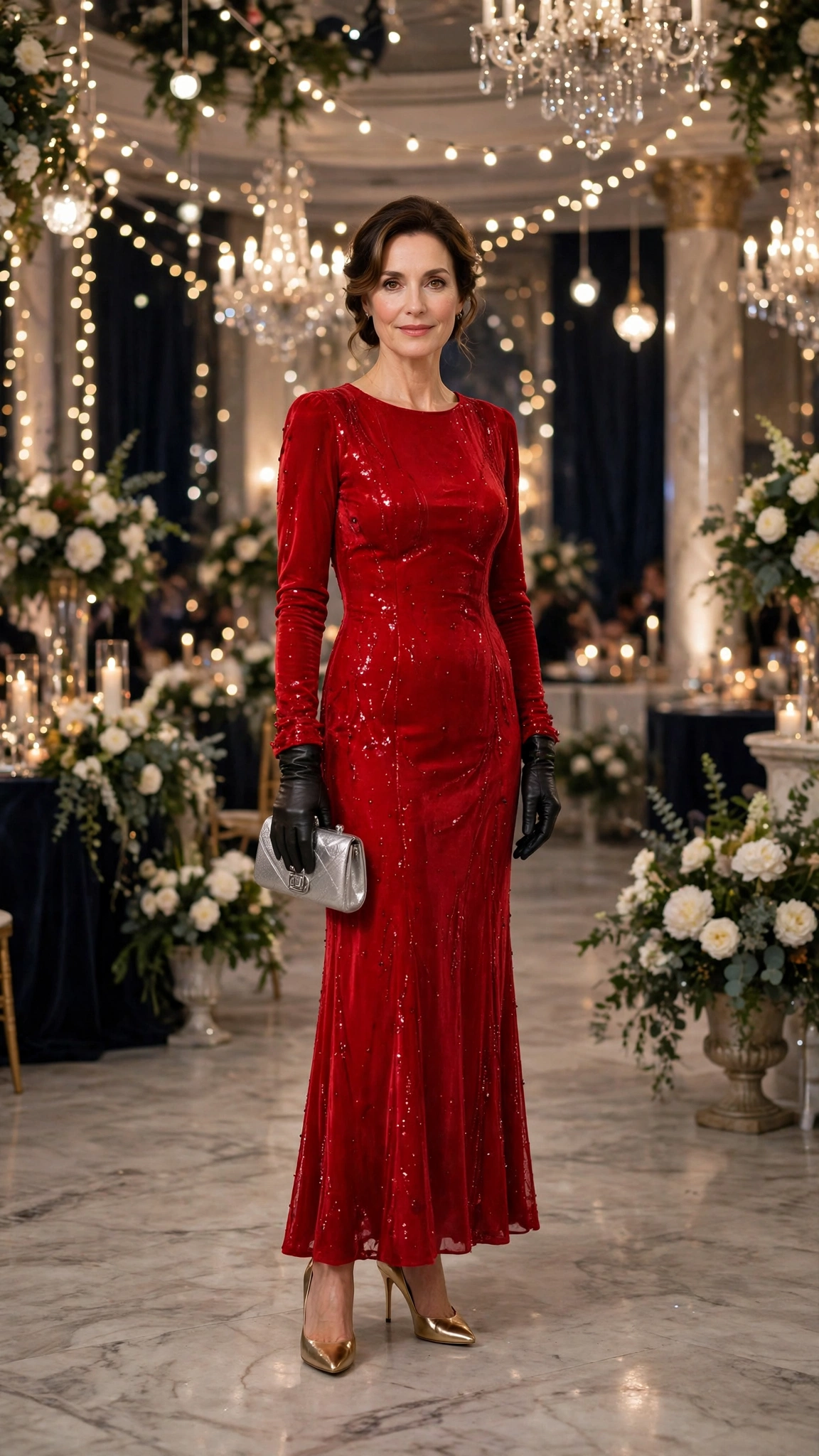28 Women Over 40 Christmas Party Dress Outfits with Long Sleeves That Are Chic, Warm and Elegant 15 Red Long-sleeve Party Dress with a Silver Clutch and Gold Pumps