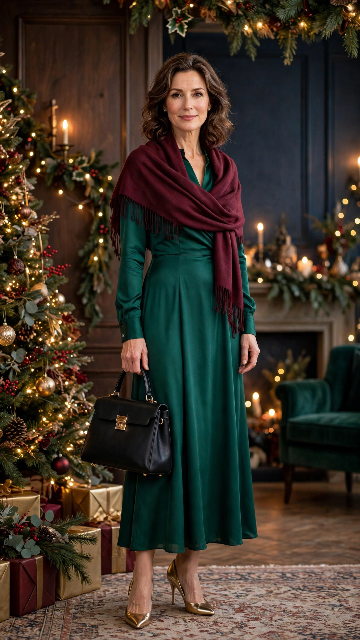 28 Women Over 40 Christmas Party Dress Outfits with Long Sleeves That Are Chic, Warm and Elegant 17 Emerald Long-sleeve Dress with a Burgundy Wrap and Gold Pumps