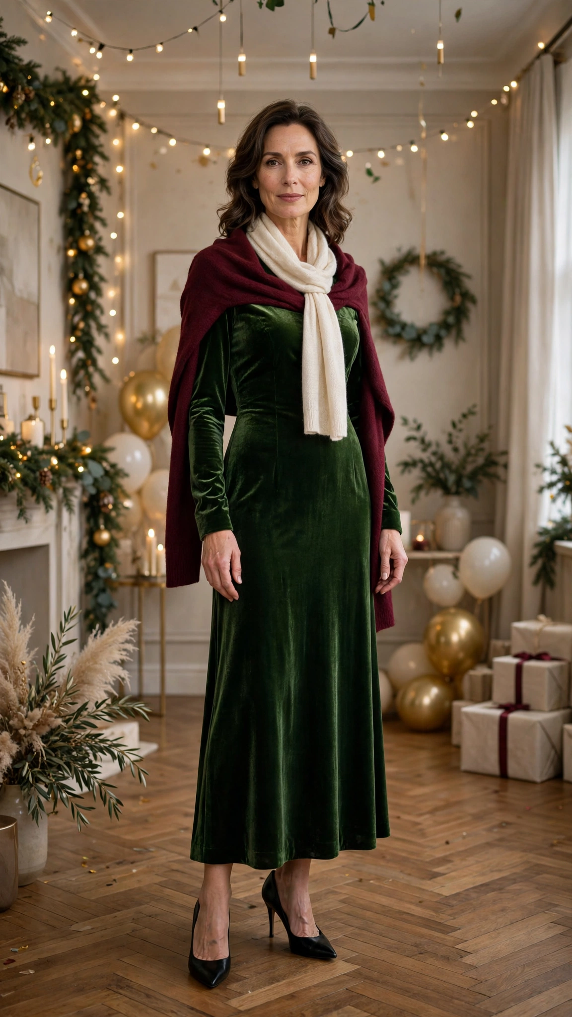 28 Women Over 40 Christmas Party Dress Outfits with Long Sleeves That Are Chic, Warm and Elegant 18 Green Velvet Long-sleeve Dress with a Burgundy Wrap and Black Pointed Heels
