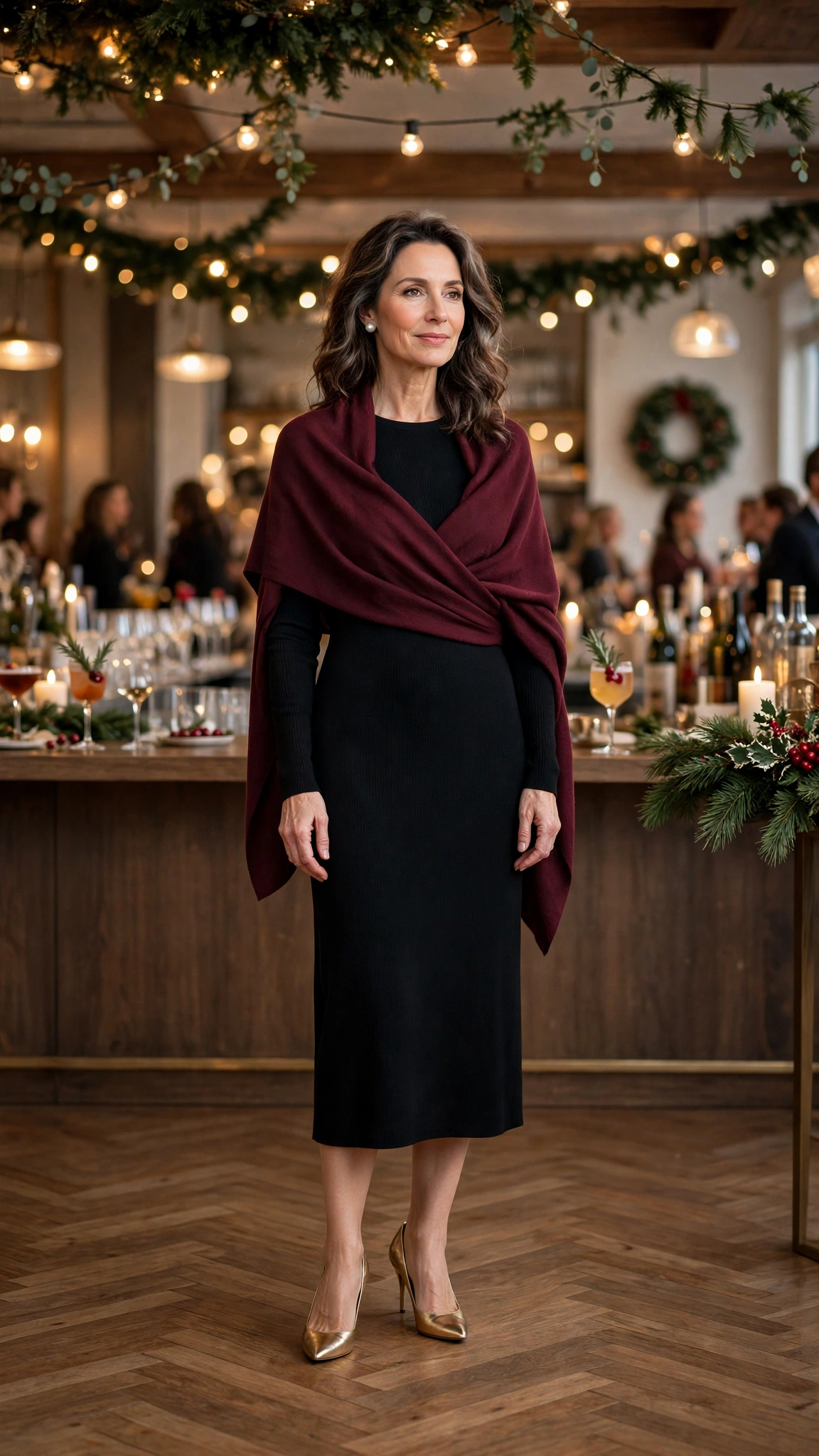 28 Women Over 40 Christmas Party Dress Outfits with Long Sleeves That Are Chic, Warm and Elegant 19 Black Long-sleeve Midi Dress with a Burgundy Wrap and Gold Pumps