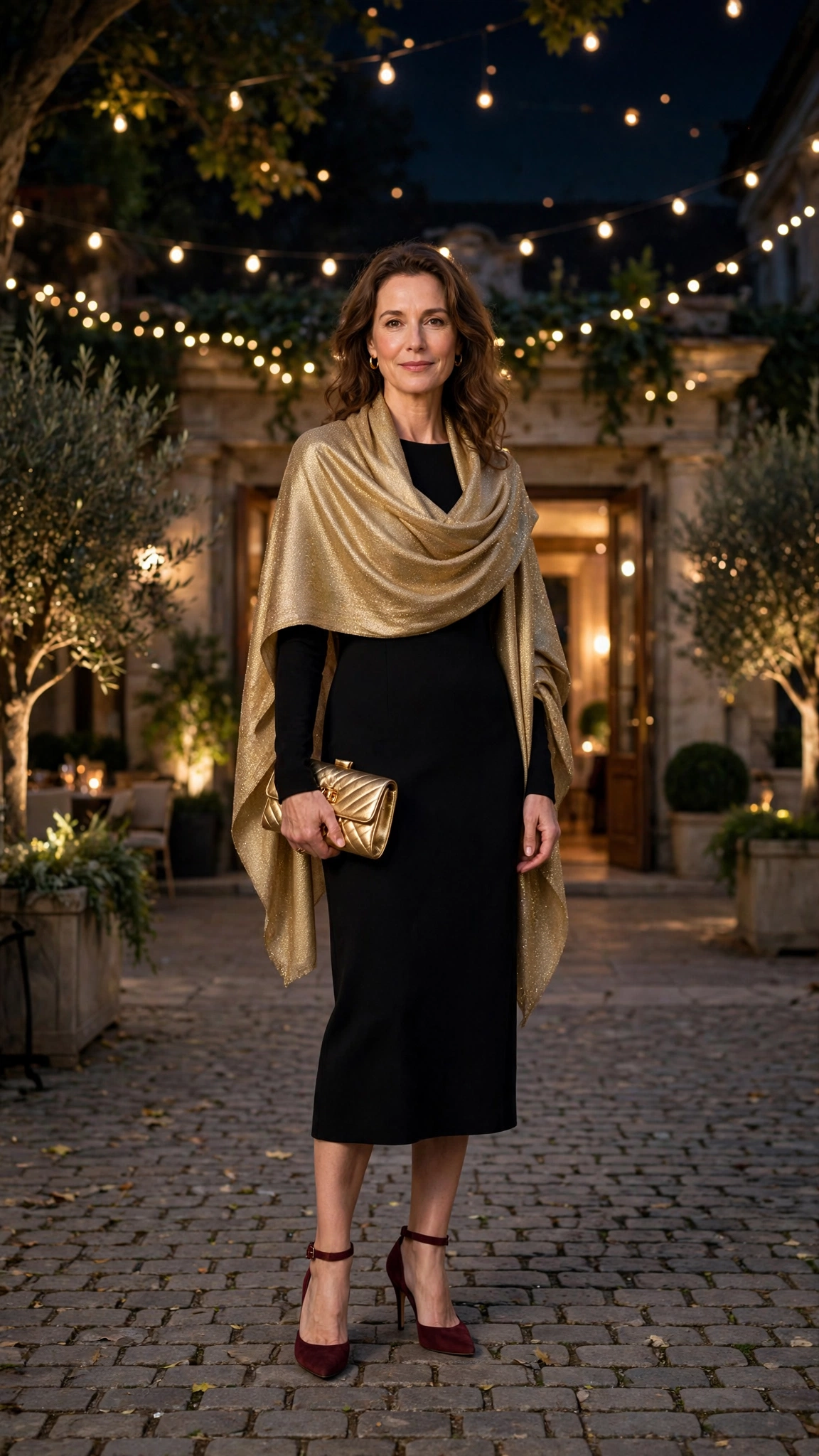 28 Women Over 40 Christmas Party Dress Outfits with Long Sleeves That Are Chic, Warm and Elegant 21 Black Long-sleeve Midi Dress with a Gold Shawl and Burgundy Heels