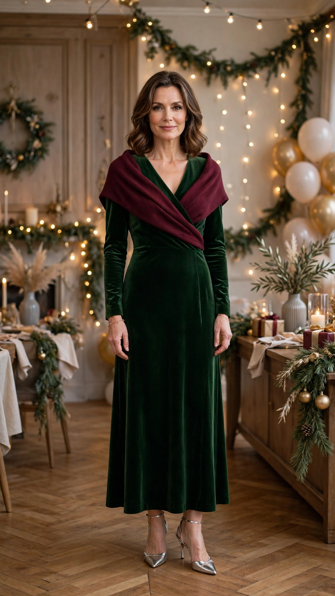 28 Women Over 40 Christmas Party Dress Outfits with Long Sleeves That Are Chic, Warm and Elegant 23 Green Velvet Long-sleeve Dress with a Burgundy Wrap and Silver Heels