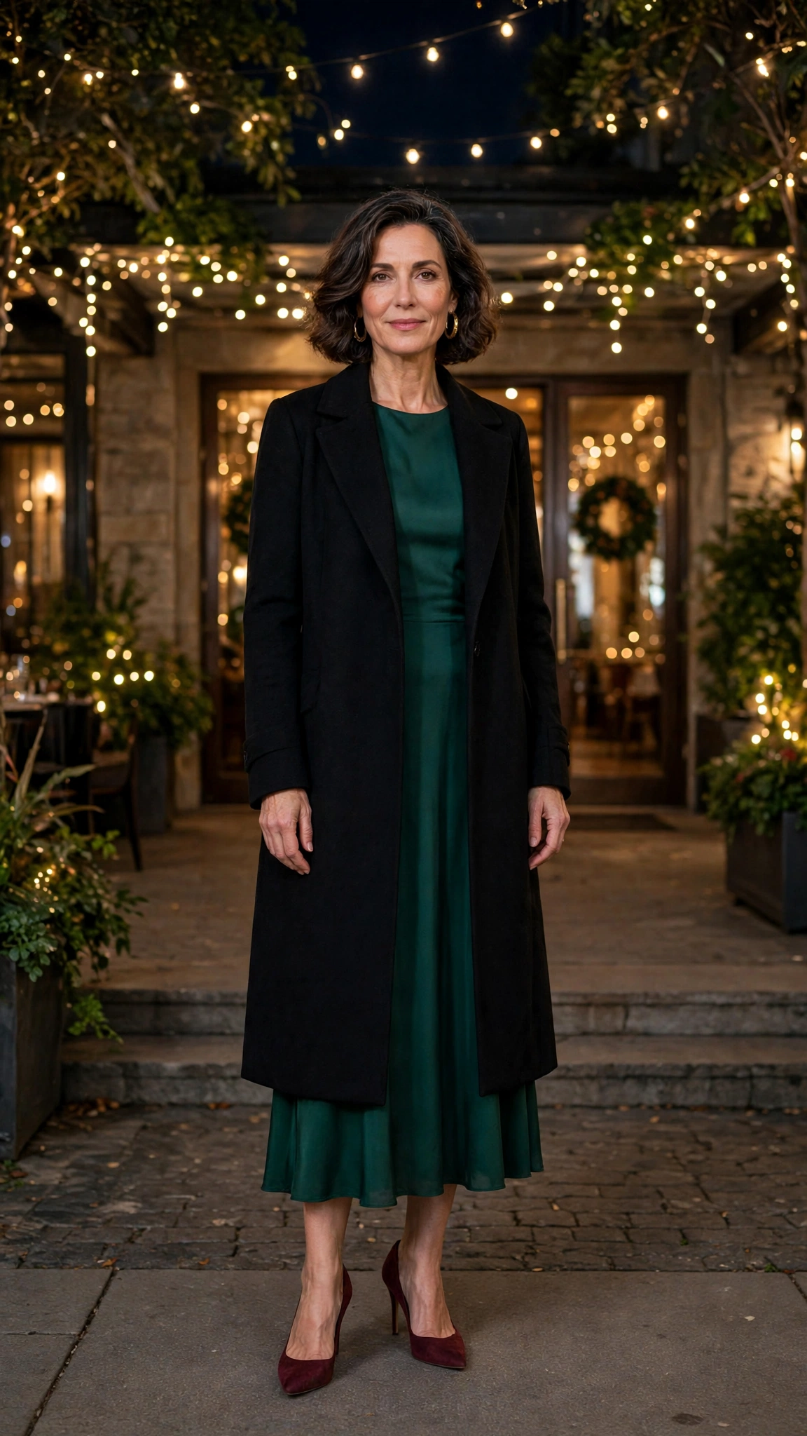 28 Women Over 40 Christmas Party Dress Outfits with Long Sleeves That Are Chic, Warm and Elegant 26 Emerald Long-sleeve Dress with a Black Coat and Burgundy Heels