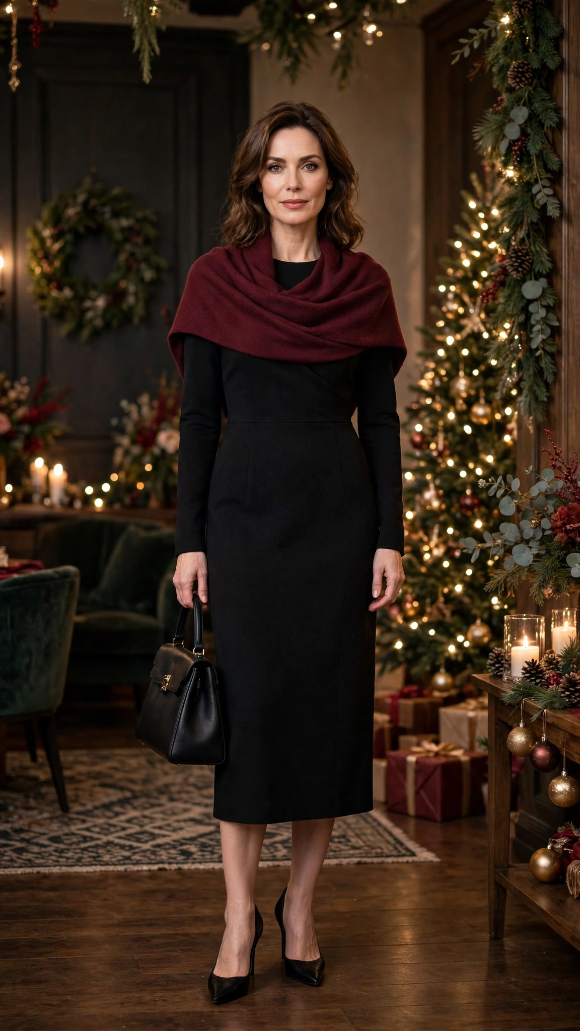 28 Women Over 40 Christmas Party Dress Outfits with Long Sleeves That Are Chic, Warm and Elegant 27 Black Long-sleeve Midi Dress with a Burgundy Wrap and Black Pointed Heels
