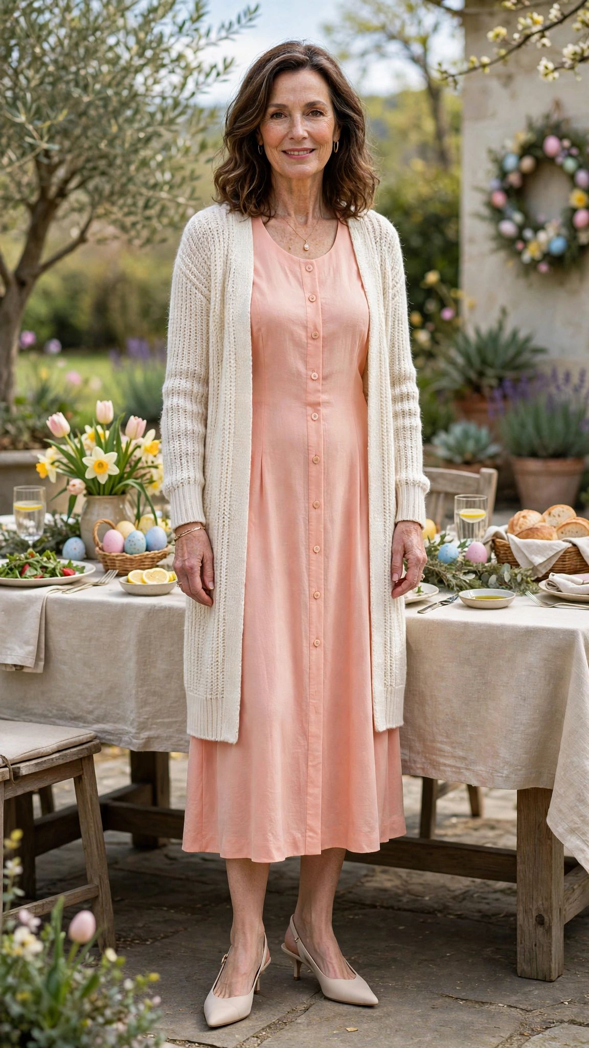 Pale Coral Easter Midi Dress Outfit with a longline cardigan and slingbacks