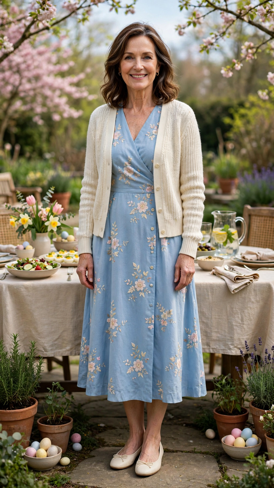 Sky Blue Easter Midi Dress Outfit with a cream cardigan and ballet flats