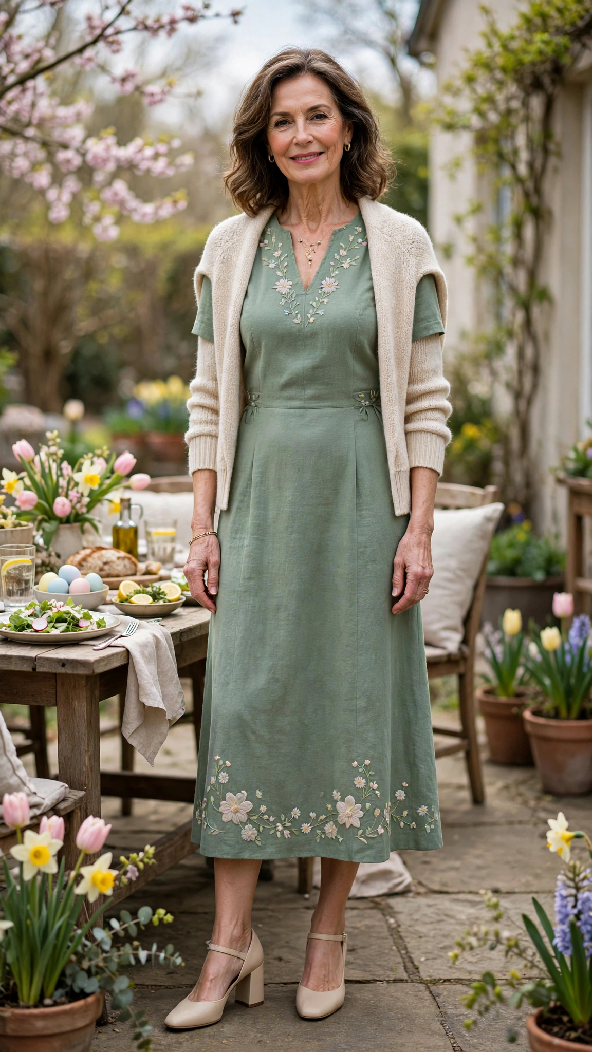 Sage Green Easter Midi Dress Outfit with a soft cardigan and block heels