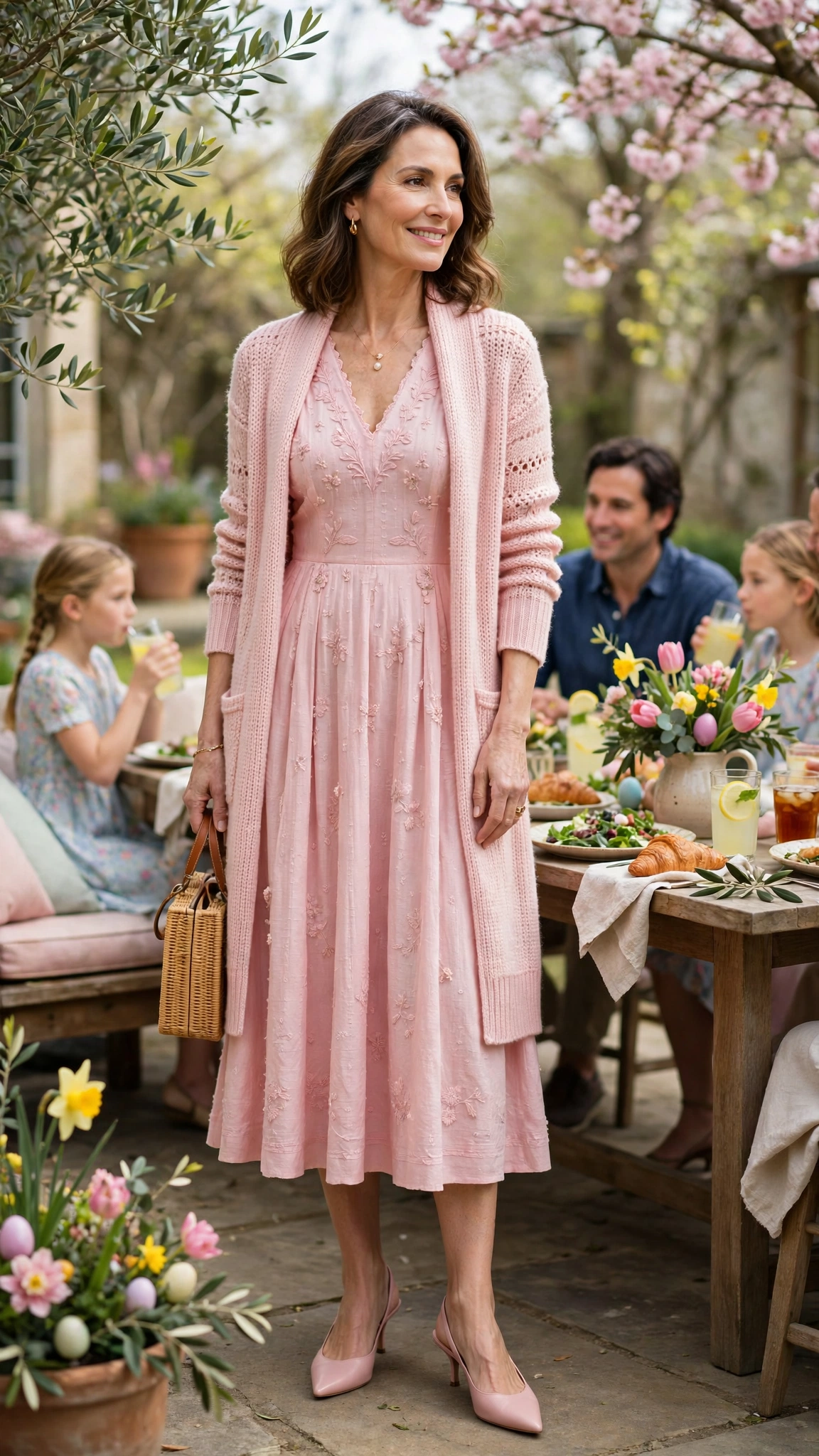 Shell Pink Easter Midi Dress Outfit with a longline cardigan and slingbacks