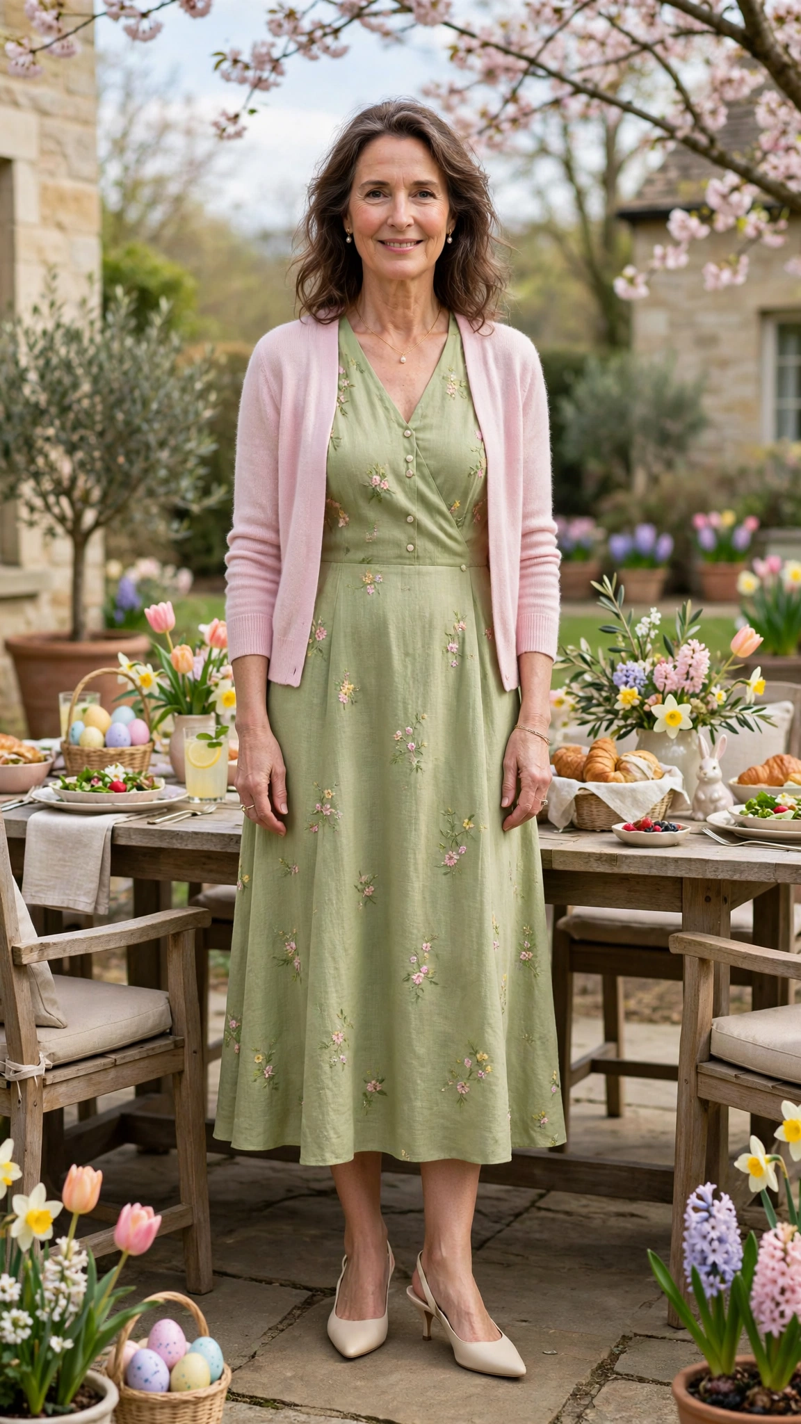 Pistachio Easter Midi Dress Outfit with a pastel cardigan and kitten heels