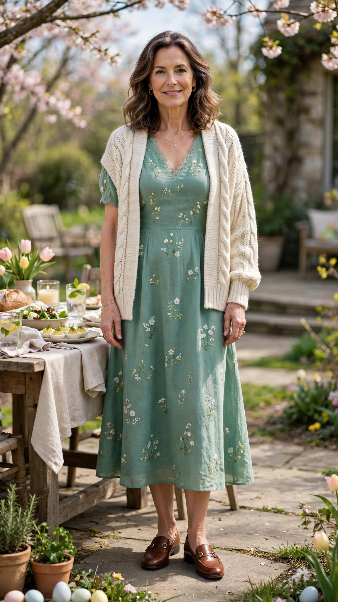 Seafoam Easter Midi Dress Outfit with a chunky knit cardigan and loafers