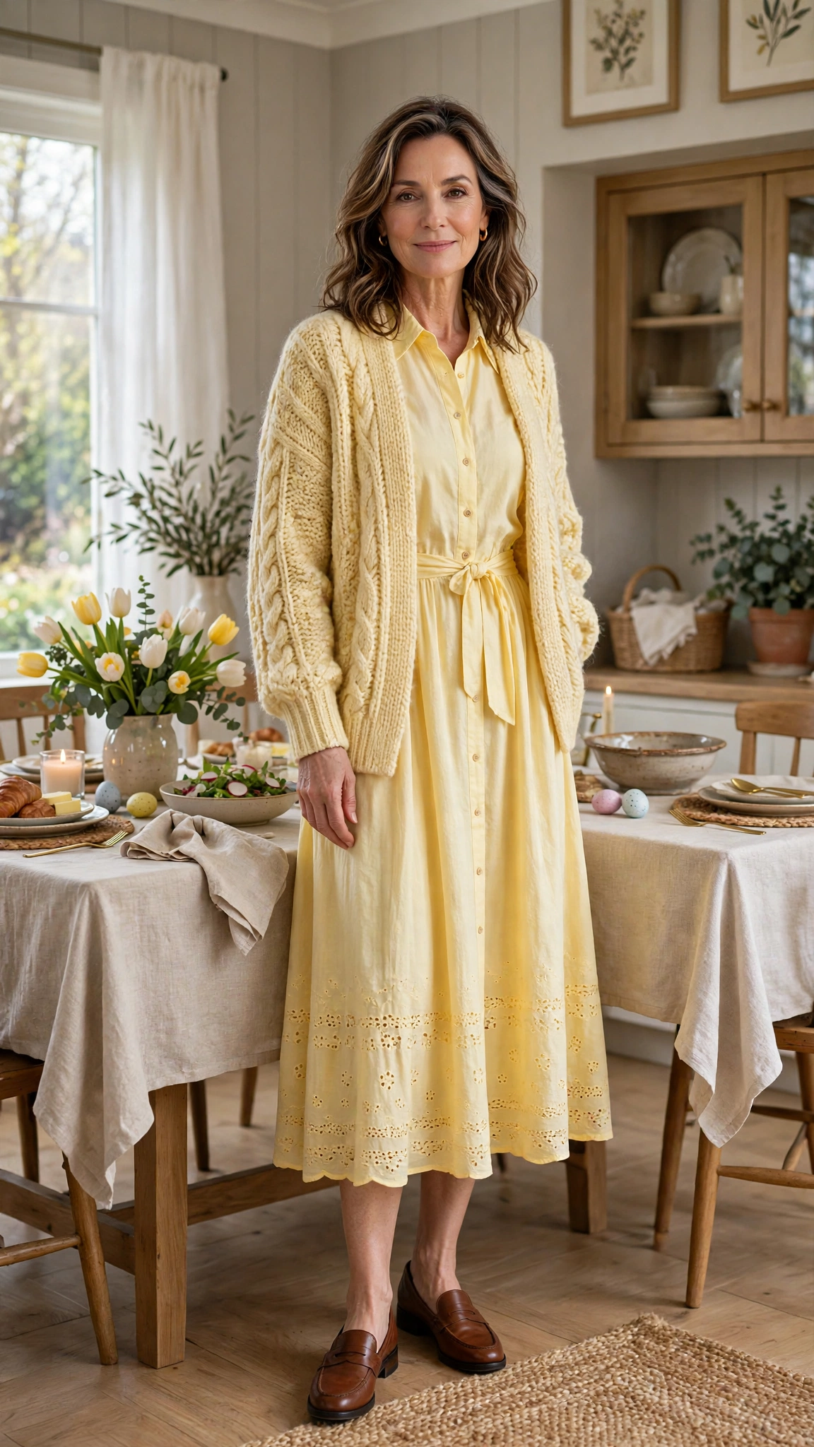 Butter Yellow Easter Midi Dress Outfit with a chunky knit cardigan and loafers