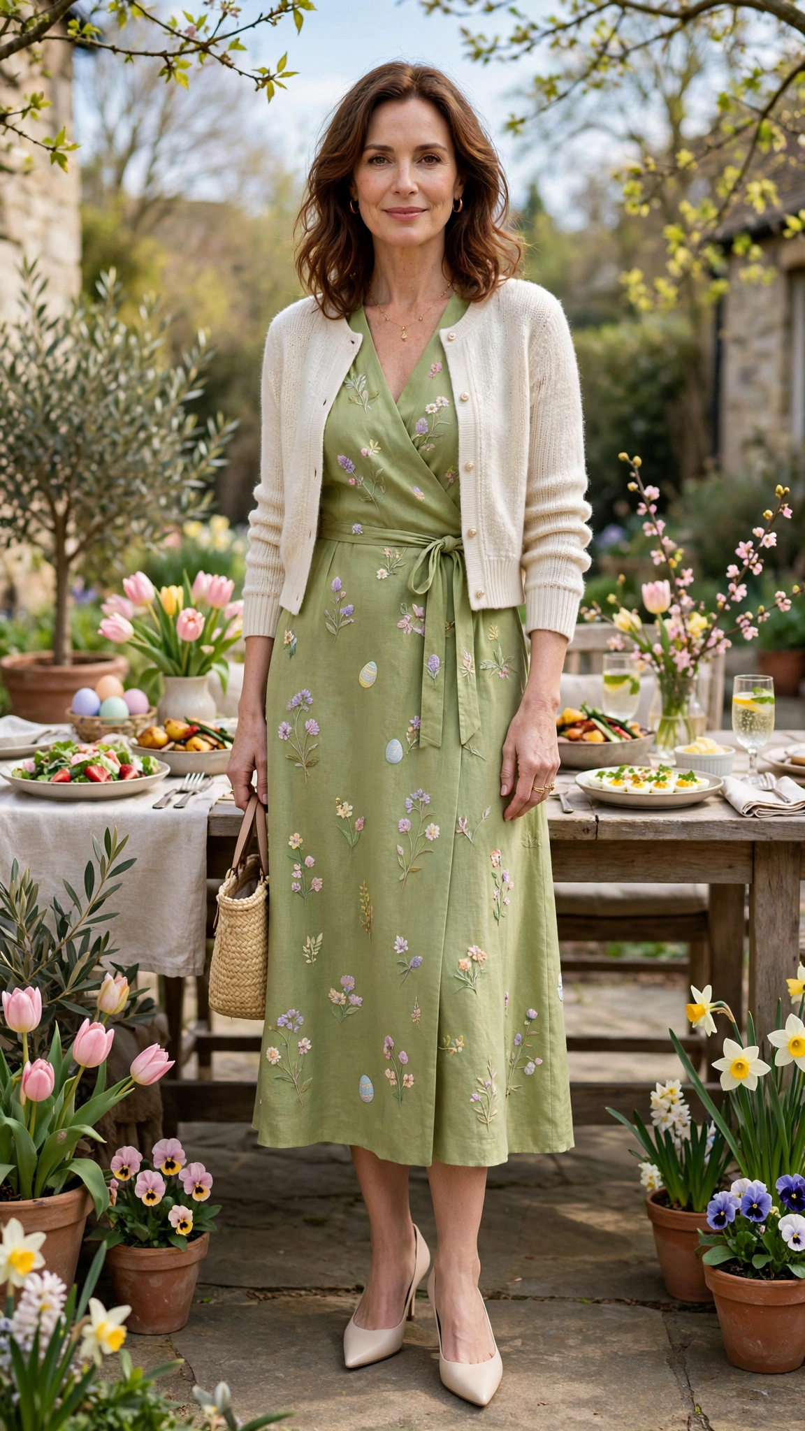 Pistachio Easter Midi Dress Outfit with a cropped cardigan and pointed pumps