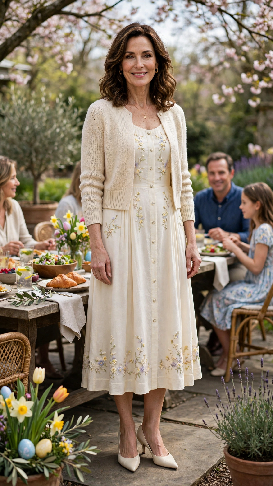 Cream Easter Midi Dress Outfit with a cropped cardigan and pointed pumps