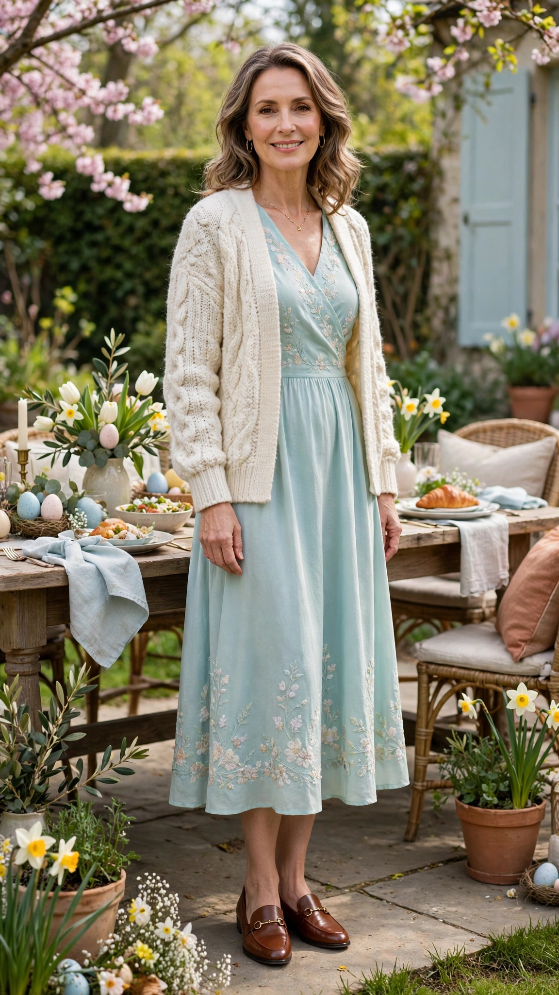 Light Aqua Easter Midi Dress Outfit with a chunky knit cardigan and loafers