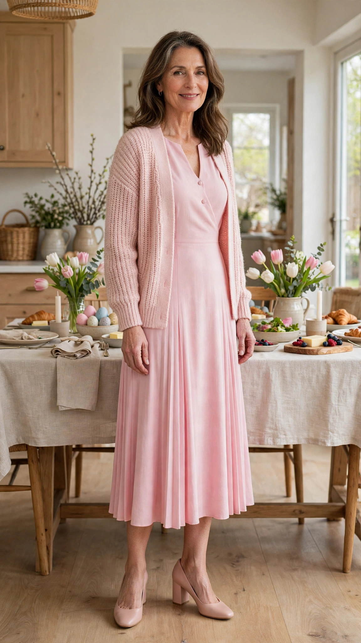 Shell Pink Easter Midi Dress Outfit with a soft cardigan and block heels