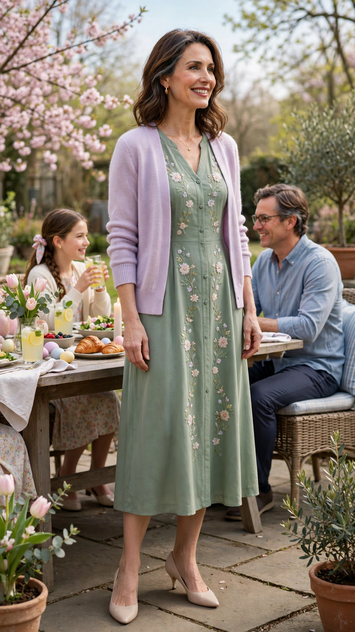 Sage Green Easter Midi Dress Outfit with a pastel cardigan and kitten heels
