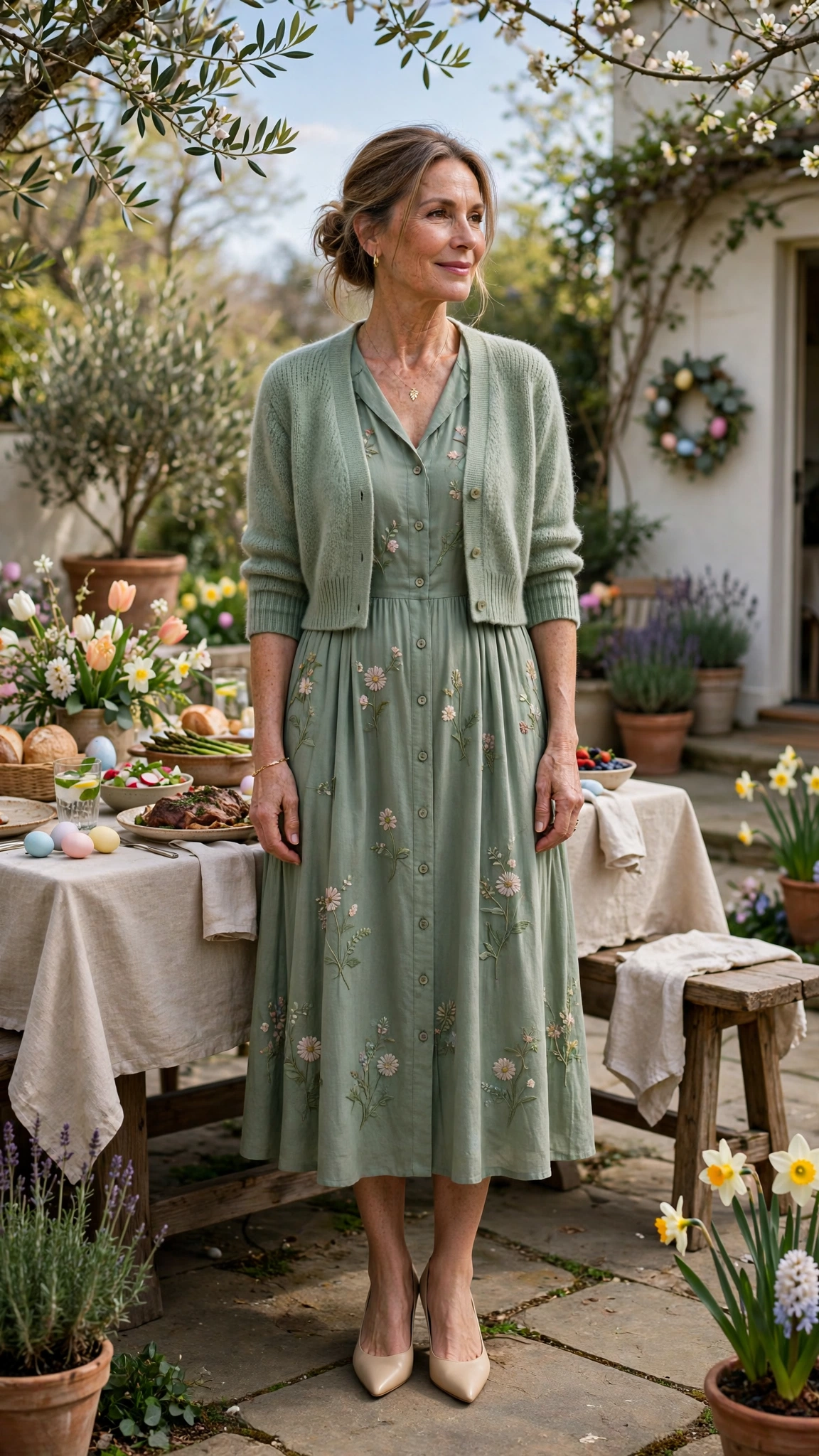 Sage Green Easter Midi Dress Outfit with a cropped cardigan and pointed pumps