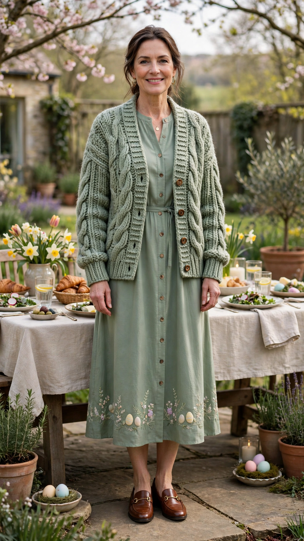 Sage Green Easter Midi Dress Outfit with a chunky knit cardigan and loafers