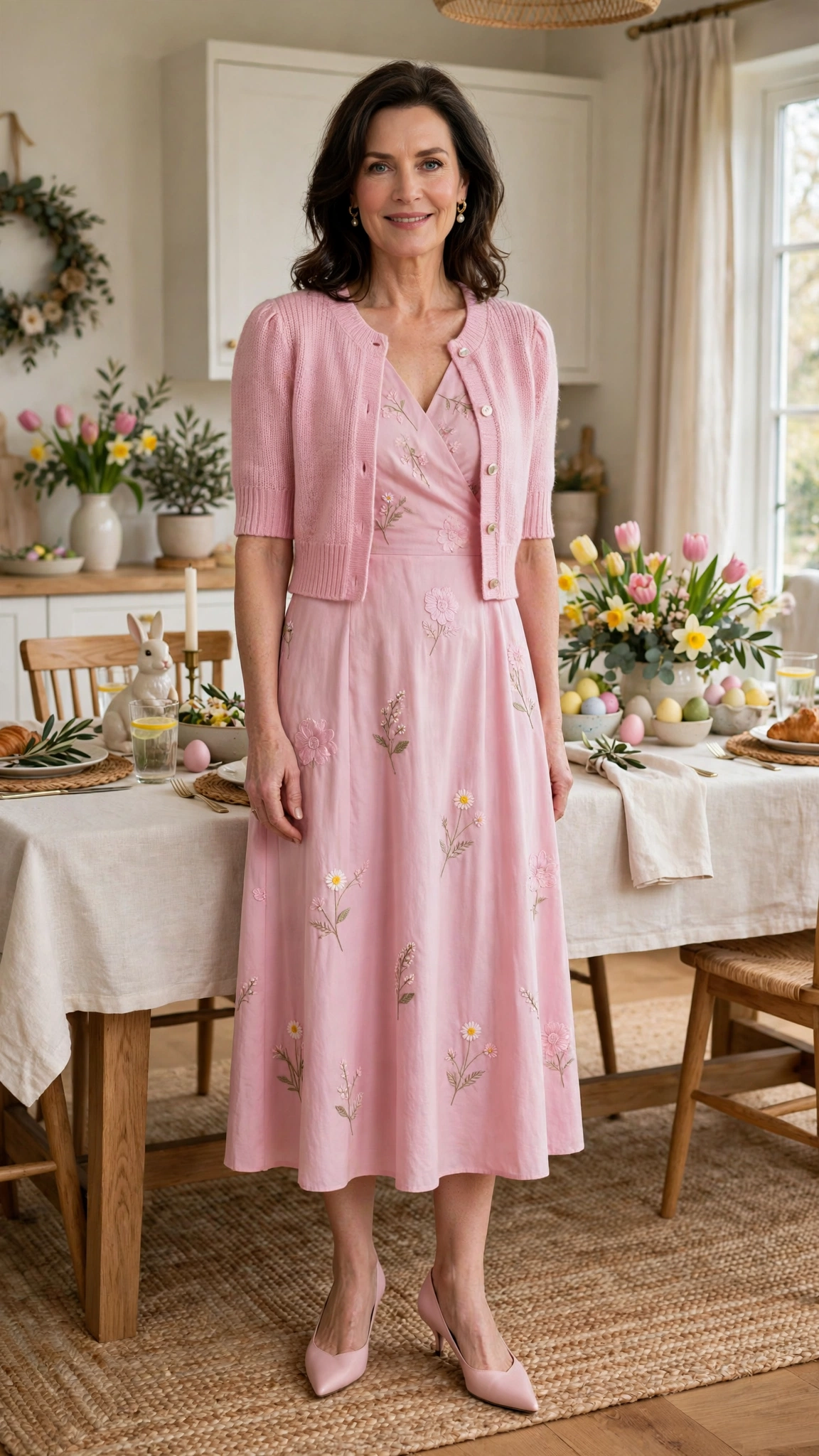 Powder Pink Easter Midi Dress Outfit with a cropped cardigan and pointed pumps