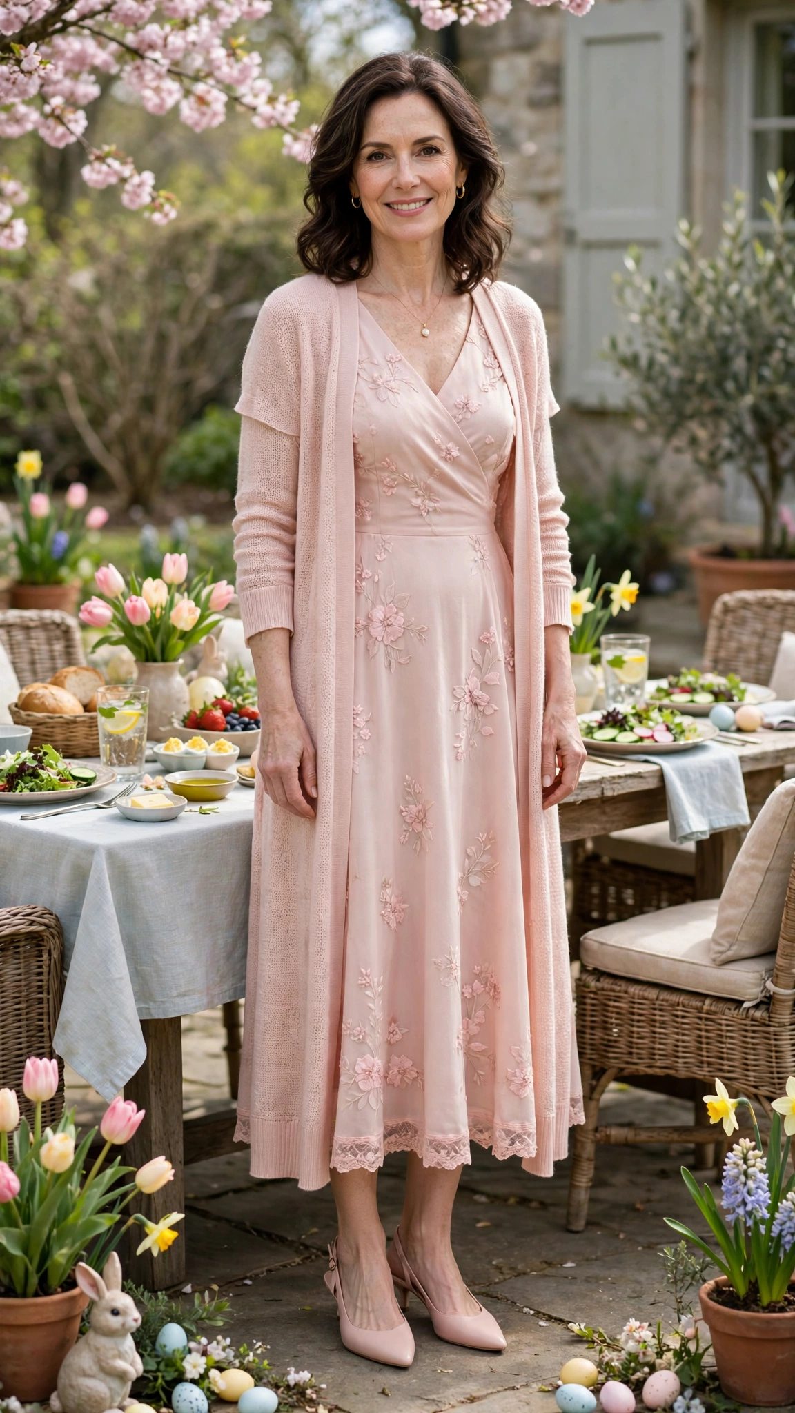 Blush Pink Easter Midi Dress Outfit with a longline cardigan and slingbacks