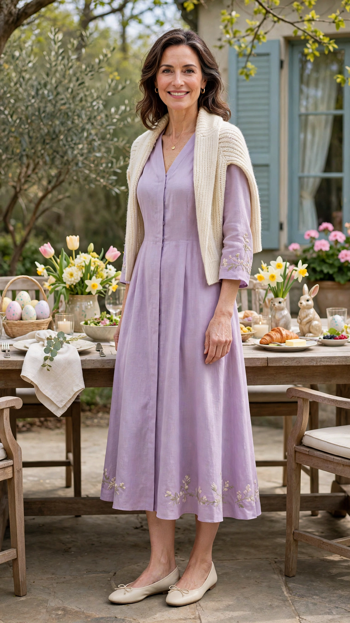Soft Lilac Easter Midi Dress Outfit with a cream cardigan and ballet flats