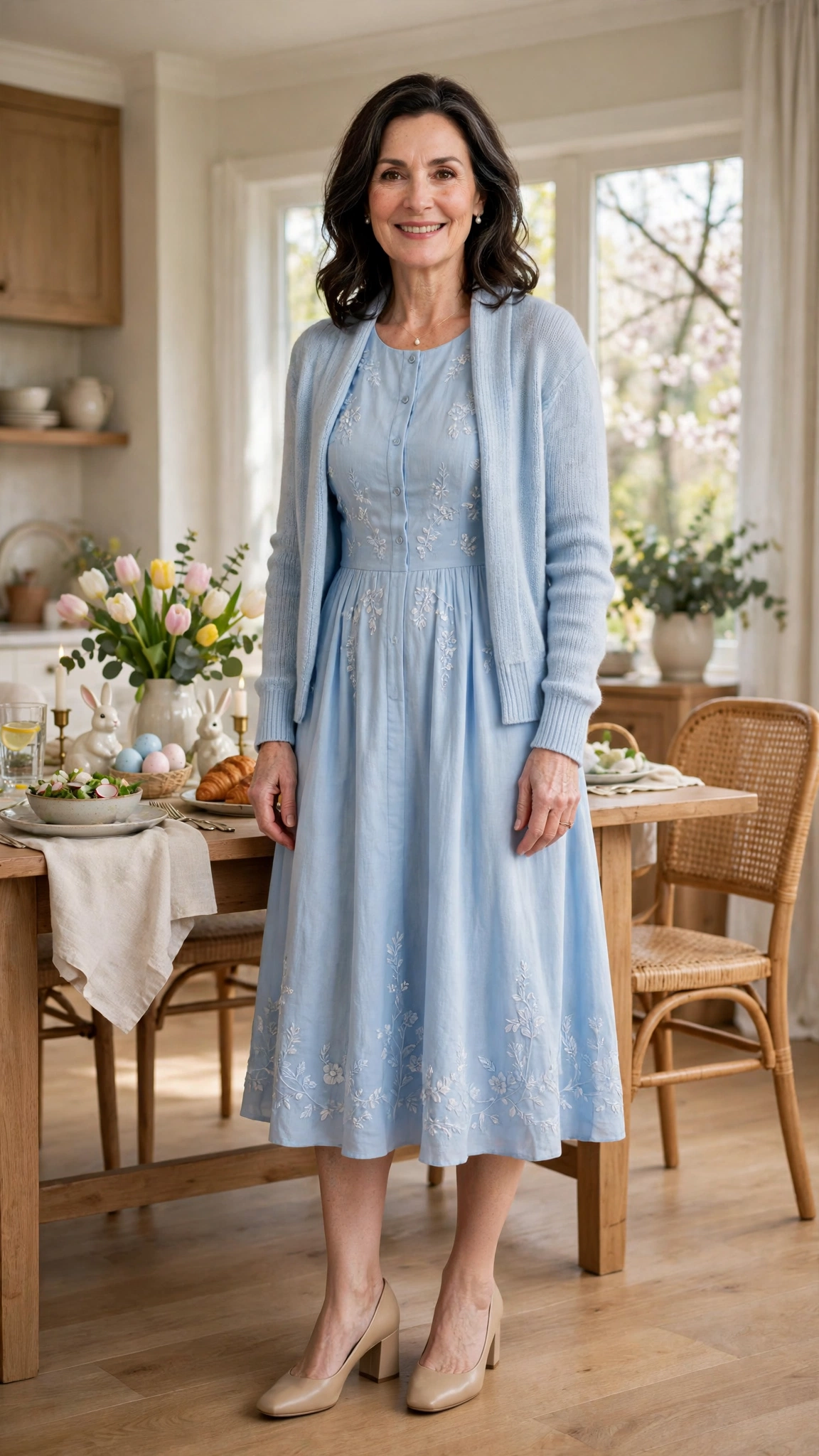 Baby Blue Easter Midi Dress Outfit with a soft cardigan and block heels