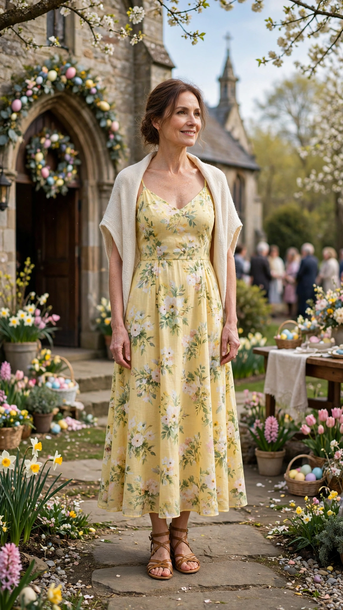 Butter Yellow Floral Easter Dress Outfit with strappy sandals and a light shawl