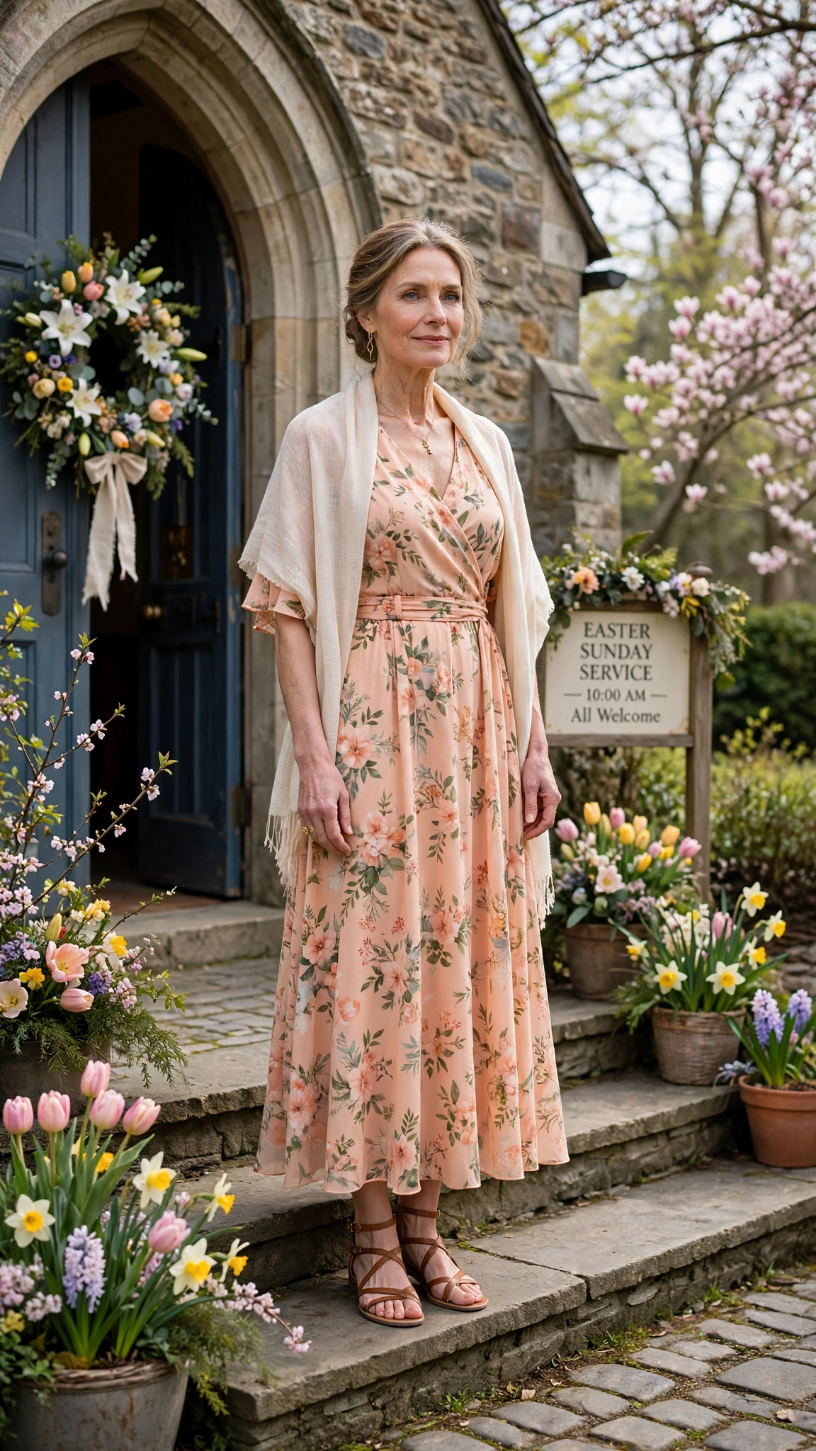 Peach Floral Easter Dress Outfit with strappy sandals and a light shawl