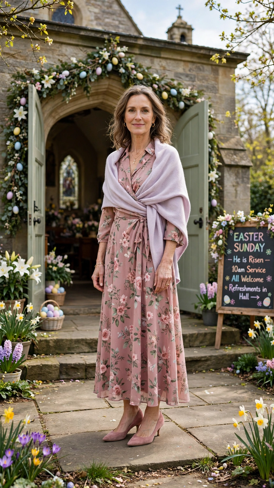 Dusty Rose Floral Easter Dress Outfit with kitten heels and a pastel wrap