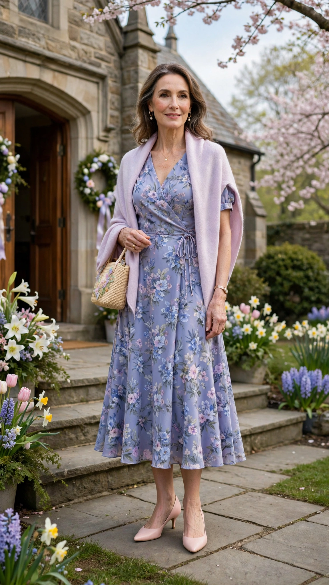 Periwinkle Floral Easter Dress Outfit with kitten heels and a pastel wrap